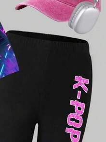 New SS26 Fashion Tween Girl 2pcs Set, Casual Stylish Spring/Summer T-Shirt & Leggings Outfit, Cartoon Character Graphic Tee & Tight Black Pants, Lightweight & Comfortable, Fashionable Casual Suit - Multicolor - View 5