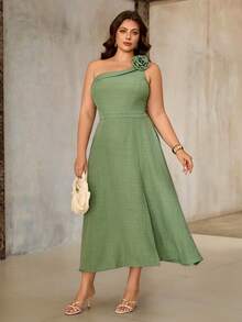 Roveilla Plus Size Women's Sage Green Summer Elegant Wedding Guest Maxi Dress, Floral Shoulder Strap Backless A-Line Party French Chic Dress - Green - View 3
