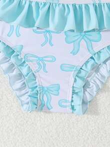 小女孩粉色蝴蝶结荷叶边泳衣套装，夏季海滩 - 藍色 - 查看 6