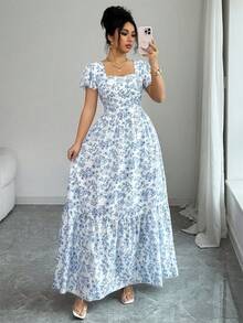 SHEIN Elenzya 女士甜心领A字碎花短袖娃娃裙 - 彩色 - 查看 3