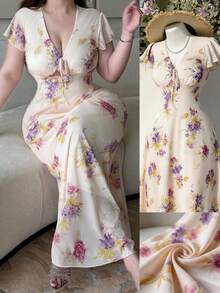 Vibekara Vestido con volantes y estampado floral para vacaciones, fresco y elegante - Albaricoque - Ver 3