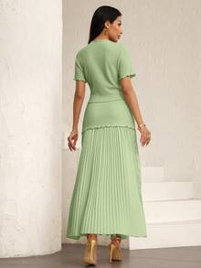 Modelyn Women's Elegant Pink Textured Short Sleeve Jacket And Pleated Skirt 2 Pieces Set - Green - View 2