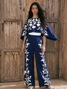 3件套少女休闲度假风亚麻印花衬衫、吊带背心和裤子套装 - 藍色 - 查看 1