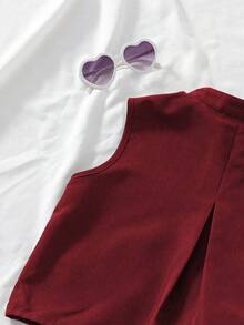 Tween Girl Solid Color Single-Breasted Vest And Mini Skirt Casual Set - Red - View 9