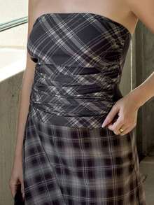 Kuleshova Women Plaid Pleated Sleeveless Tank Top, Fashion & Casual - Brown - View 3