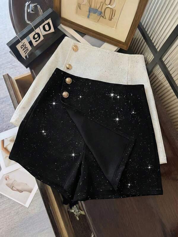 SHEIN Raffinéa Women's High Waist Starry Sky Sequin Flared Shorts, Decorative Buttons, Elegant Summer