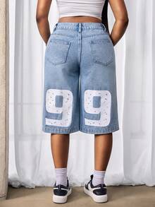 Slaydiva 女士宽松休闲阔腿牛仔裤，带数字图案口袋 - 淺色水洗藍 - 查看 3