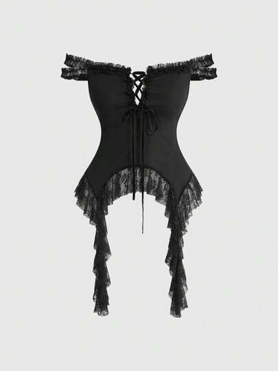 ROMWE Goth 浪漫哥特风性感露肩蕾丝拼接喇叭袖大码女式上衣