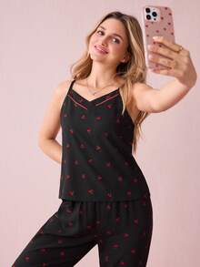 Bonmuse Cherry Print Cami Top And Pants Women Summer Sleepwear Pajama Set - Black - View 7