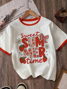 INAWLY Casual & Comfortable Colorblock Collar & Cuff, Strawberry & Bow Print Round Neck Women T-Shirt - White - View 4