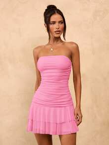 SHEIN BAE Vestido mini con volantes y ajustado de color amarillo crema sólido, vestido de verano lindo, vestido para brunch, vestido amarillo - Rosado Sandía - Ver 6