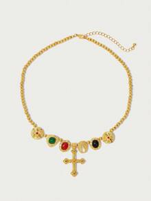 Glisma 18K Gold-Plated 1pc Textured, Metallic, Rhinestone, Cubic Zirconia Cross Beaded Y2K Necklace, Suitable For Party, Casual, Concert/Festival, Night Club, Wedding, Holiday, Vacation, Camping - Gold - View 2