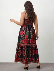 Enliva Rochie de damă cu imprimeu tropical și plante, mărime plus, rochie cu talie goală și bretele spaghete, rochie lungă, rochie de toamnă, ținută de vară pentru femei, ținute de vacanță la plajă, rochie de sărbătoare pentru femei, ținută de resort, rochie de petrecere de Crăciun, rochie de Anul Nou, rochie elegantă pentru petrecere, rochie roșie, ținute de Ziua Îndrăgostiților pentru femei, pentru forme ale corpului rotunjite și elegante - Negru - Vizualizare 3