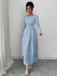 SHEIN Elenzya 女士纯色圆领褶皱优雅长袖连衣裙 - 淺藍色 - 查看 5