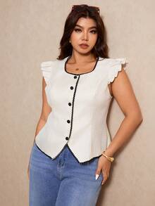 Elaquor Plus Size Women Casual Single-Breasted Cap Sleeve Shirt - Apricot - View 4
