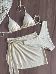 Swim Vcay Solid Color Backless Tie Design, Shell Decor, Sweet & Elegant Women's Swimwear Set - Apricot - View 6