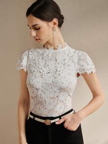 Anewsta Women's New Lace Patchwork Hollow Elastic Lace Floral Fitted Blouse, Suitable For Mother's Day, Spring/Summer - White - View 6