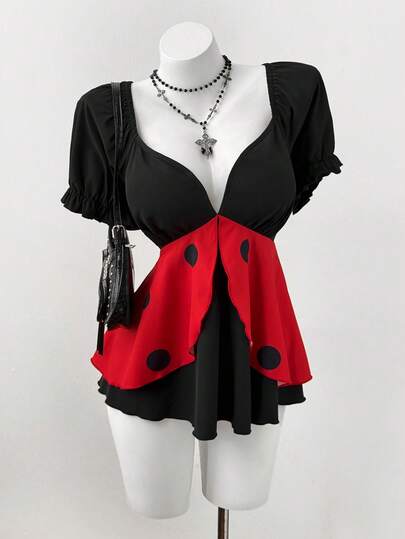 Sunspun Plus Size Cute Ladybug Print Contrast Color Doll Collar Blouse