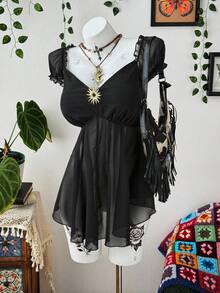 Sunspun Plus Size Women Casual Sexy Slit Blouse Shirt - Black - View 6