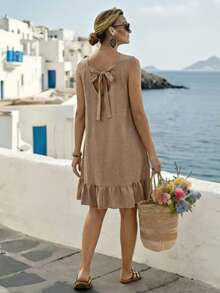EMERY ROSE Plus Size Women's Solid Color Sleeveless Ruched Summer Dress - Khaki - View 1