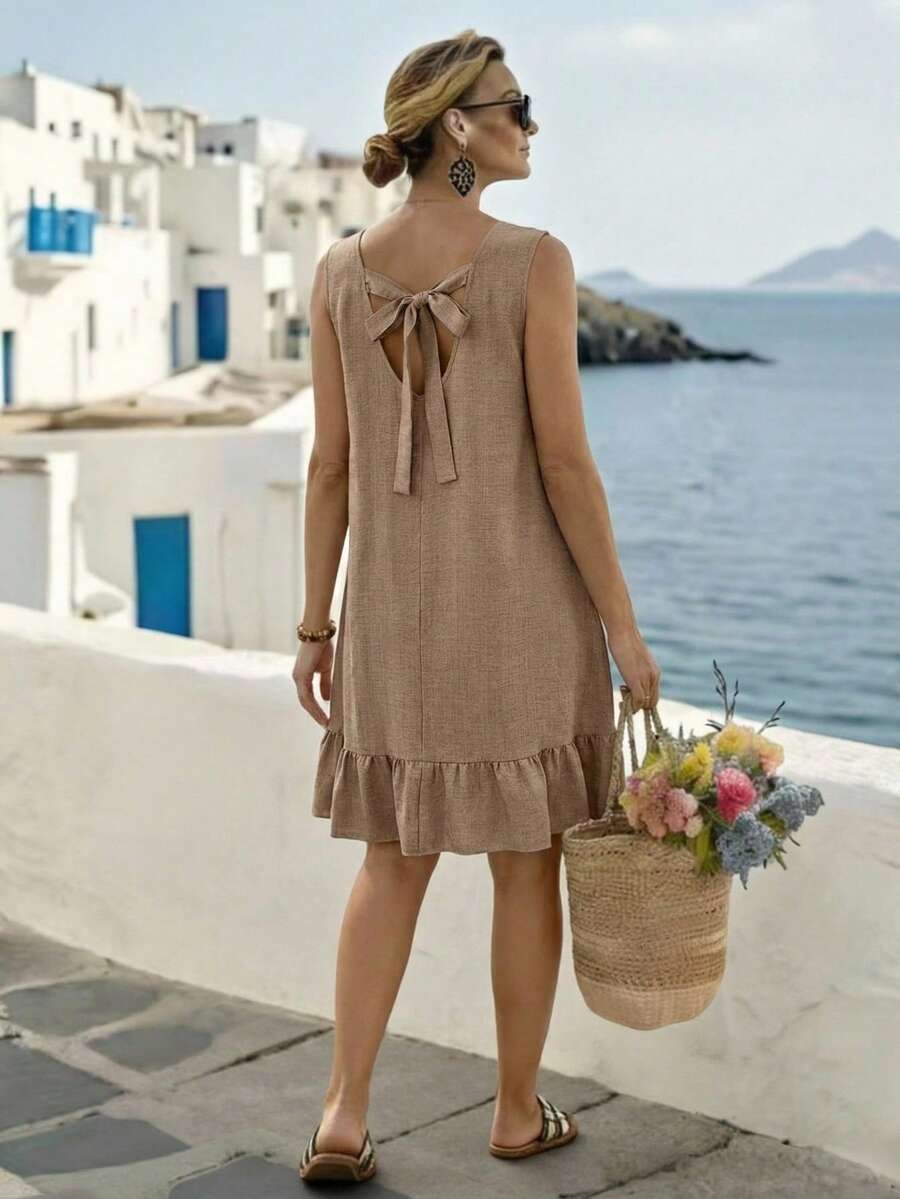 EMERY ROSE Plus Size Women's Solid Color Sleeveless Ruched Summer Dress - Khaki - View 1