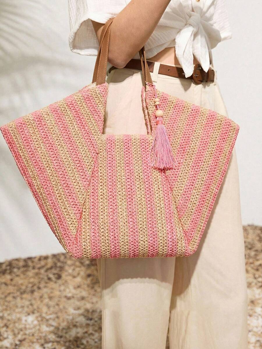 SHECARRY Túi xách nữ phong cách Bohemian cỡ lớn, chất liệu dệt, hoàn hảo cho kỳ nghỉ biển, du lịch, mua sắm và đựng đồ dùng cần thiết khi đi nghỉ mát. - Bột nhẹ - Xem 1