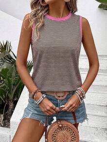 Selamara Women's Casual Round Neck Sleeveless Contrast Collar & Cuff Striped Print Pattern Tank Top - Multicolor - View 5