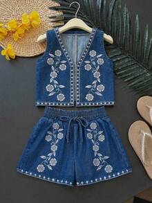 GlowEve 夏季休闲刺绣抽绳腰牛仔短裤 - 藍色 - 查看 1