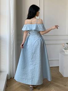 Celisse Đầm dạ hội dài nữ kiểu dáng thanh lịch, xếp ly, trễ vai, thắt eo, chất liệu jacquard. - Màu xanh lam - Xem 2