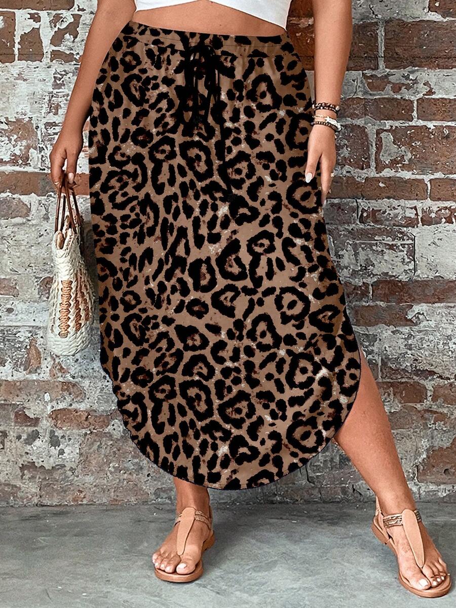 SHEIN LUNE 大码弧形下摆休闲裙，百搭豹纹简约设计，适合夏季 - 彩色 - 查看 1