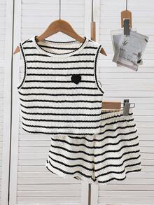 SHEIN Tween Girl Heart Graphic Striped Tank Top And Shorts Casual Set - Black and White - View 1