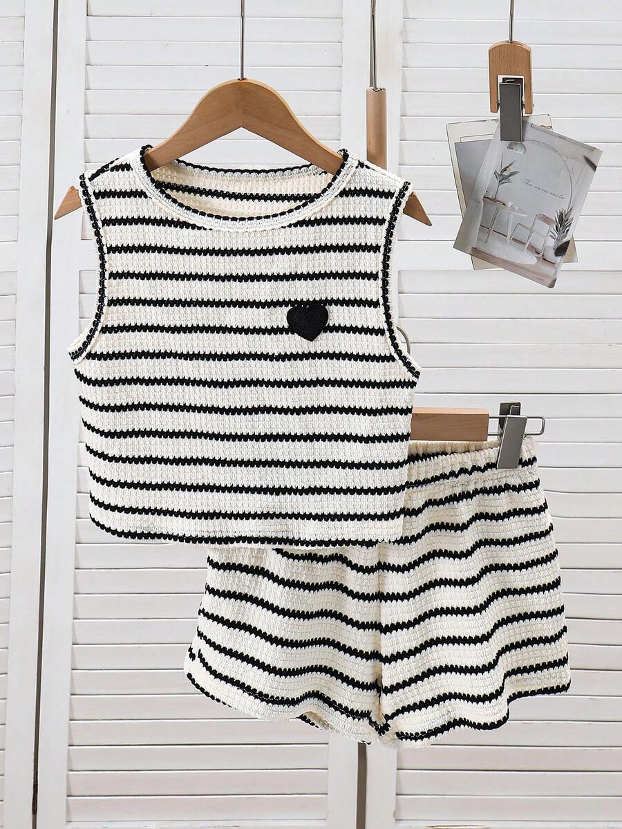 SHEIN Tween Girl Heart Graphic Striped Tank Top And Shorts Casual Set - Black and White - View 1