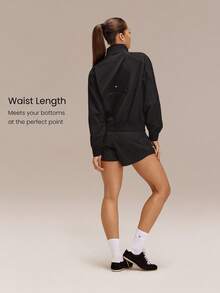 GLOWMODE Go With The Glow Waist-Length Sunproof Water-Resistant Elastic Ribbed Cuffs Hem Two-Way Zipper Back Pocket Packable Relaxed Fit Bomber Jacket Travel Running Jogging Outdoor Daily Active Wear - Black - View 3