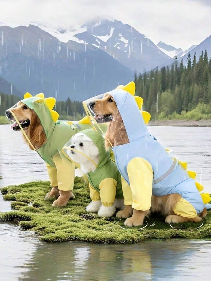 1pc Large And Small Sizes Of 3d Dinosaur Raincoats For Golden Retrievers, With Tails, Full-Leg Pet Dog Raincoats. - Multicolor - View 1