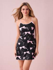 Valentine's Day Cute Bow & Heart Print Y2K Style Camisole Nightgown For Women - Black - View 5