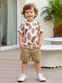 SHEIN 2pcs/Set Young Boys Khaki Leaf Print Short Sleeve T-Shirt & Cargo Shorts Set, Casual, Comfortable, Versatile, Suitable For Daily Wear, Outings, Outdoor Activities, Holidays, Beach Vacations, Summer, Spring/Summer Boys Resort Wear Tropical Print Toddler Boy Set Brown Short Set Boys Tropical Outfits For Boys - Khaki - View 4