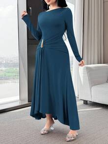 Modelyn 女士优雅金属装饰中长连衣裙，秋季 - 水鴨藍 - 查看 5