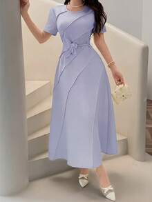 Vestido de verano de mujer de cuello redondo elegante y texturizado, de manga corta - Verde - Ver 8