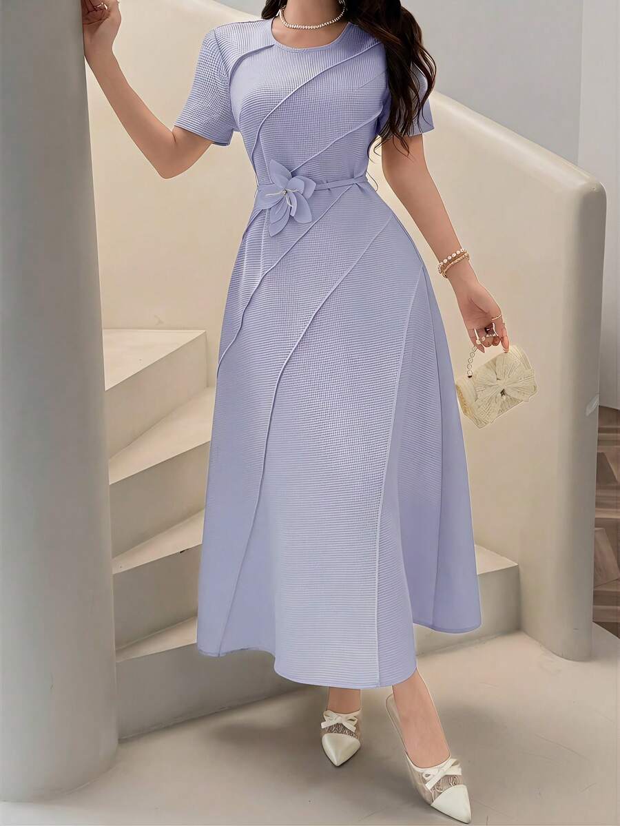 Feyla 女士优雅纹理圆领短袖连衣裙，夏季