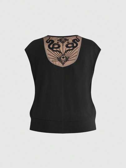 ROMWE Goth 哥特式花卉蛇纹印花网眼拼接加大码女式T恤