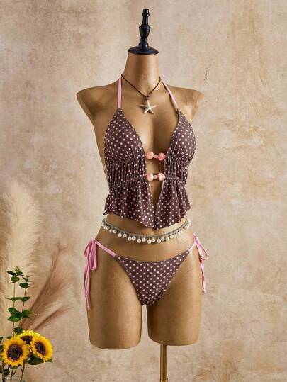 Bellisia Women's Polka Dot Print Beaded Decor Halter Neck Tankini Top And Knotted Triangle Bottoms 2-Piece Swimsuit Set