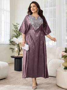 Al Najma Robe en satin jacquard de style arabe pour femmes grandes tailles, patchwork, décontractée et élégante pour le printemps/automne - Vieux Rose - Voir 3