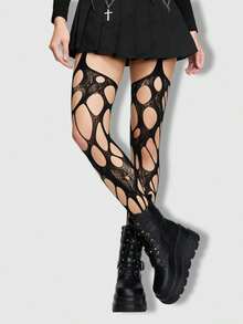 ROMWE Goth Medias negras de red sexy y rasgadas para mujer - Cueva negra - Ver 5