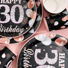 黑色底座30岁生日钻石图案一次性餐盘、餐巾纸和杯子套装，可供20位客人使用。这款一次性派对用品套装（包括餐盘、餐巾纸和杯子）非常适合生日派对、婚礼和家庭野餐。 - 查看 6