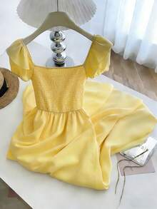 Franclia 法式时尚方领黄色连衣裙，短袖收腰优雅连衣裙，女士夏季连衣裙 - 淡黃色 - 查看 2