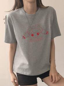 DAZY Women's Letter & Cartoon Print Round Neck Short Sleeve Casual T-Shirt - Grey - View 3