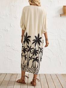 Breezaya Women's V-Neck Three-Quarter Sleeve Palm Tree Print Midi Dress,White Summer Casual Tropical Beach Vacation Holiday,Loose Flowy Resort Wear Cover Up - Apricot - View 4