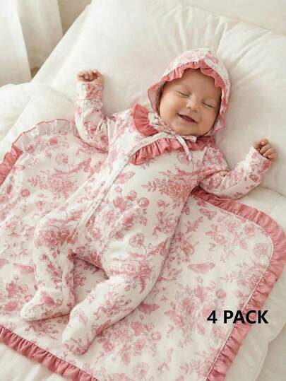 SHEIN 4pcs/Set Newborn Baby Gift, Infant Long Sleeve Romper Set, Baby Girl Floral Print Outfit, Spring/Summer Baby Girl New Born Clothes, Includes Romper, Swaddle, Hat, Mittens, Full-Snap Romper Design For Easy Dressing, Delicate Ruffle Trim, Suitable For 0-9 Months Baby Boys/Girls/Unisex, Soft & Skin-Friendly, 2026 Summer New Squishy Outfits Swaddle Blanket Set Baby Blankets Set Baby Sets New Born Baby Girl Winter Clothes Blankets For Baby Newborn Clothes Set