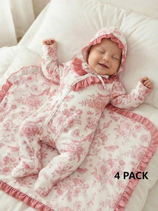 SHEIN Set de 4 piezas de regalo para bebé recién nacido, conjunto de pelele de manga larga para bebé, conjunto de ropa estampada con flores para niña recién nacida, ropa de primavera/verano para niña recién nacida, incluye pelele, manta envolvente, gorro, manoplas, diseño de pelele con cierre completo para facilitar el vestido, delicado ribete de volantes, adecuado para bebés niños/niñas/unisex de 0 a 9 meses, suave y amigable con la piel, nuevos conjuntos esponjosos del verano 2026