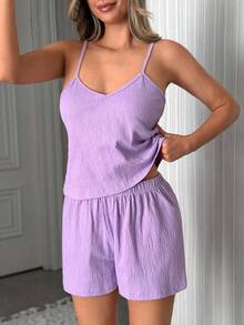 SHEIN Cotton Line Women Lilac Purple Comfy Cami Top And Ruffle Trim Drawstring Waist Shorts 2Pcs Pajama Set - Lilac Purple - View 4